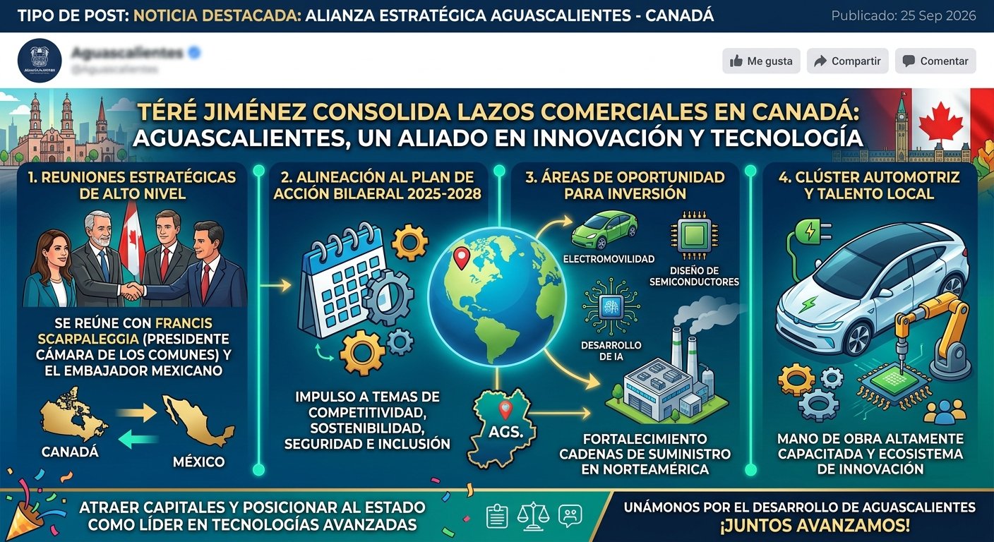 Tere Jiménez fortalece lazos comerciales en Canadá para posicionar a Aguascalientes en electromovilidad, semiconductores e IA